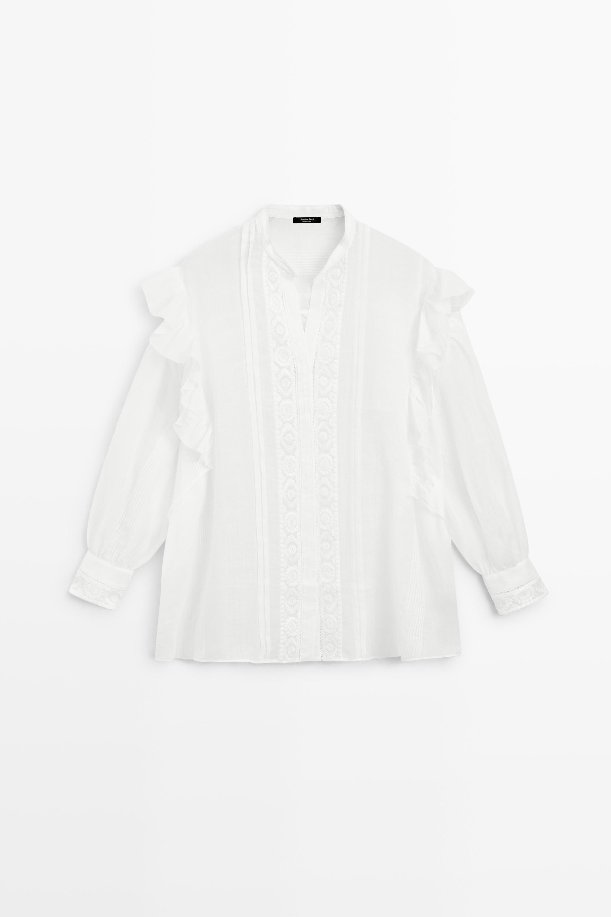 Stand collar blouse with embroidery and ruffles